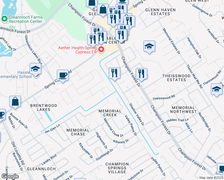 map of restaurants, bars, coffee shops, grocery stores, and more near 17402 Memorial Trace Drive in Spring