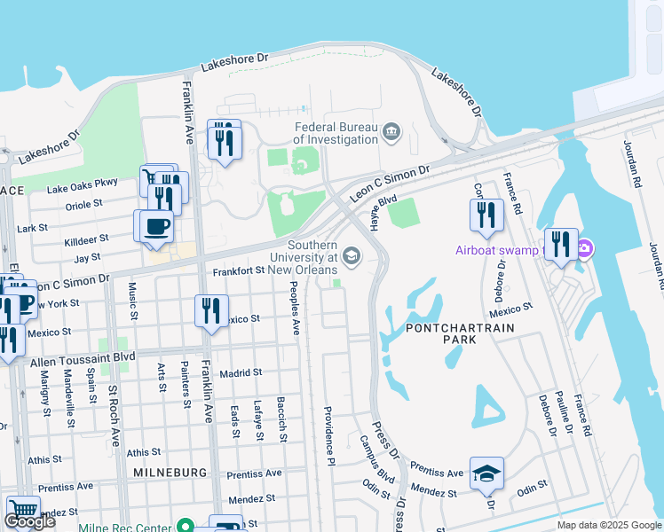 map of restaurants, bars, coffee shops, grocery stores, and more near 6400 Press Drive in New Orleans