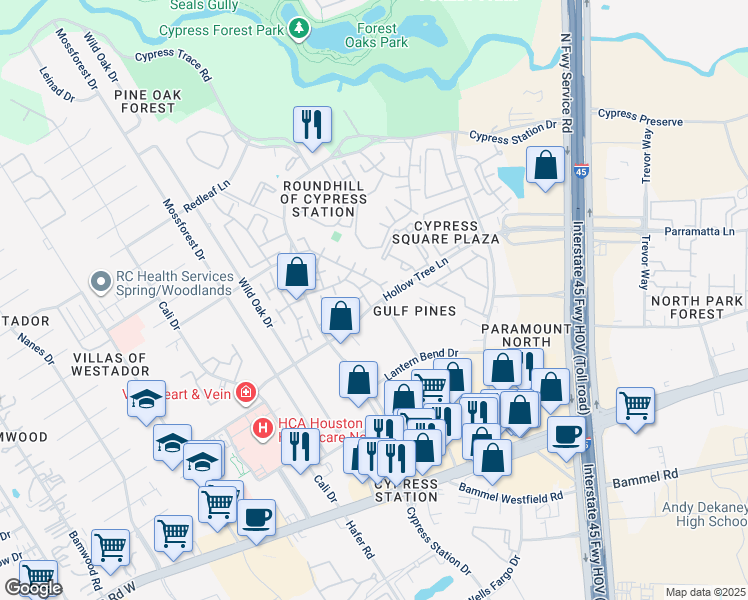 map of restaurants, bars, coffee shops, grocery stores, and more near 300 Hollow Tree Lane in Houston