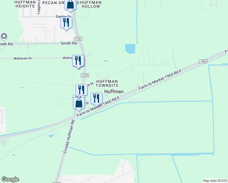 map of restaurants, bars, coffee shops, grocery stores, and more near in Huffman