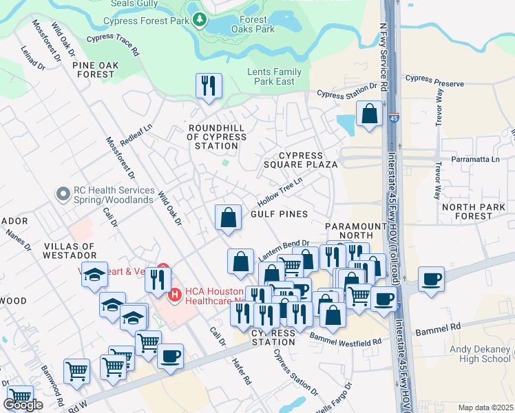 map of restaurants, bars, coffee shops, grocery stores, and more near 17901 Gulf Pines Drive in Houston