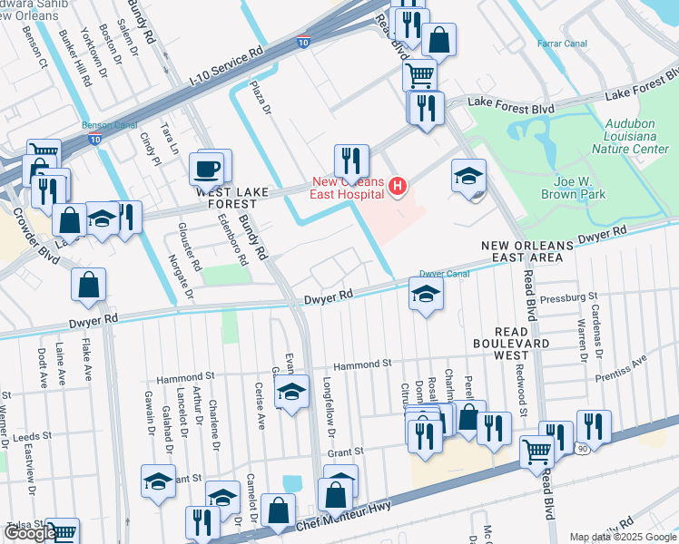 map of restaurants, bars, coffee shops, grocery stores, and more near 5131 Bundy Road in New Orleans