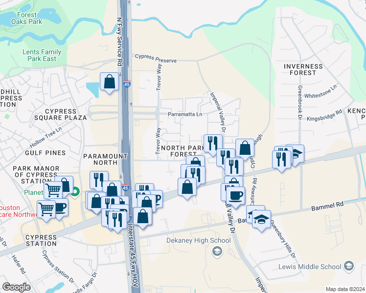 map of restaurants, bars, coffee shops, grocery stores, and more near 411 Highland Cross Drive in Houston