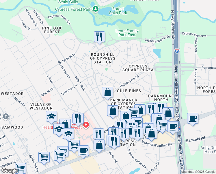 map of restaurants, bars, coffee shops, grocery stores, and more near 303 Hollow Tree Lane in Houston