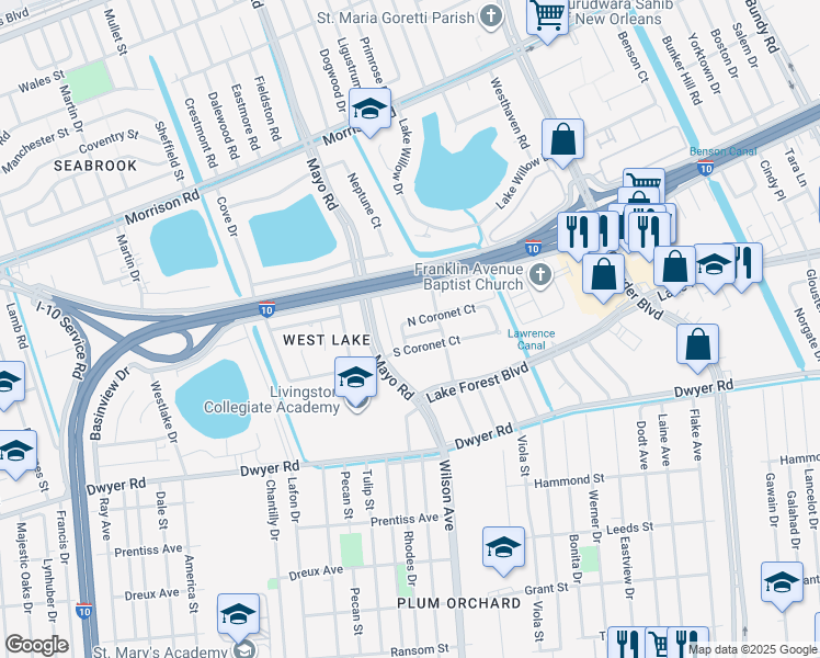 map of restaurants, bars, coffee shops, grocery stores, and more near 7710 North Coronet Court in New Orleans