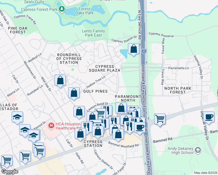 map of restaurants, bars, coffee shops, grocery stores, and more near 101 Hollow Tree Lane in Houston
