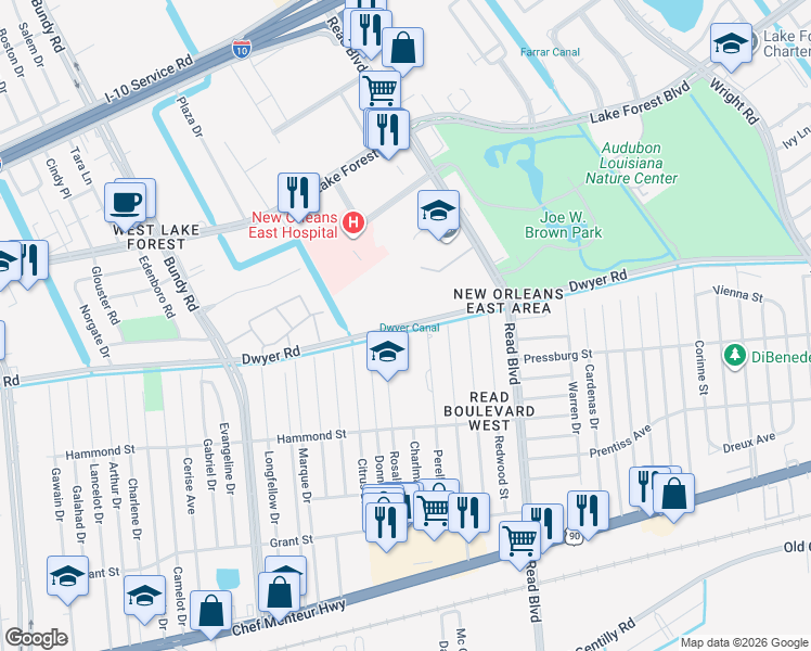 map of restaurants, bars, coffee shops, grocery stores, and more near Dwyer Rd in New Orleans