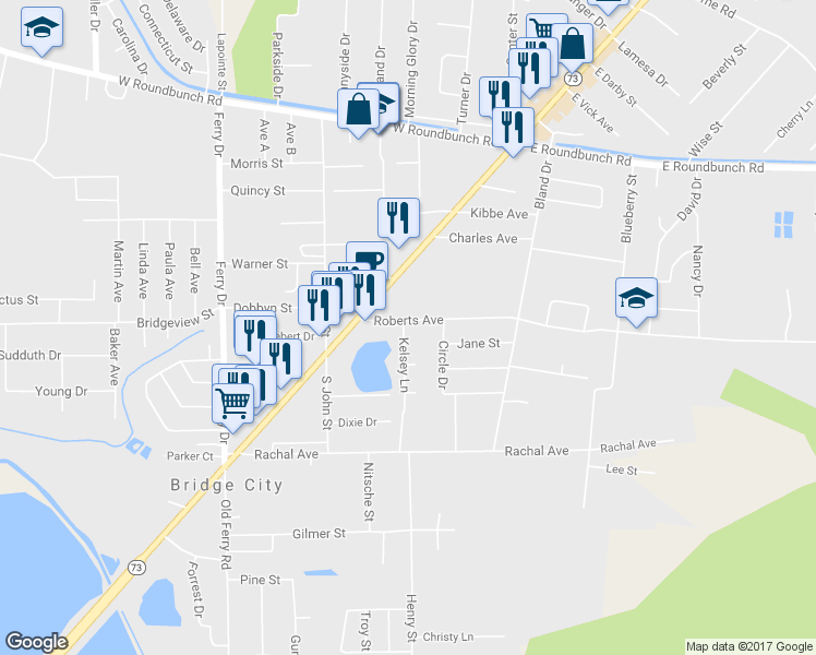 map of restaurants, bars, coffee shops, grocery stores, and more near 160 Roberts Avenue in Bridge City
