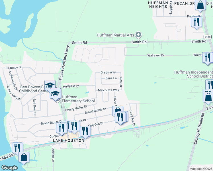 map of restaurants, bars, coffee shops, grocery stores, and more near 24319 Hard Wood Drive in Huffman