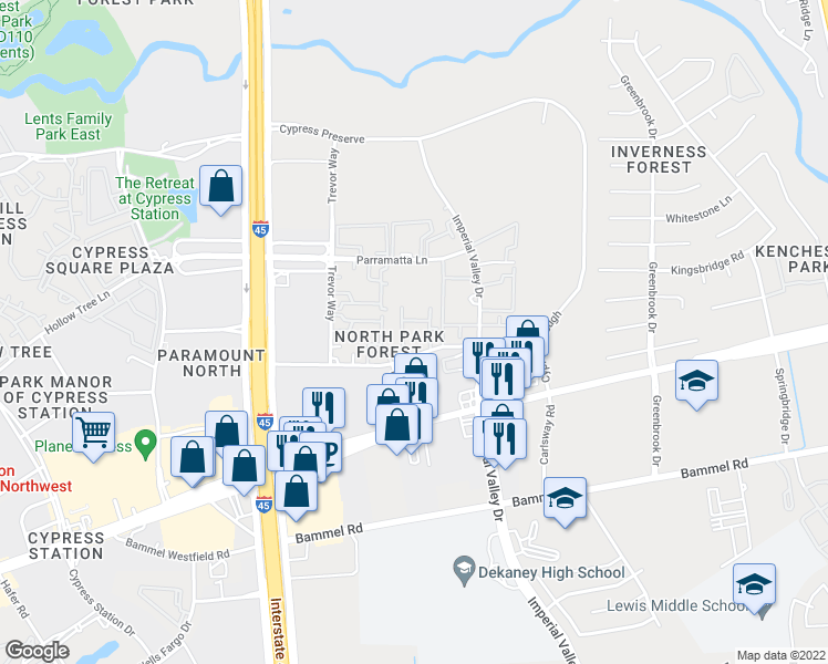 map of restaurants, bars, coffee shops, grocery stores, and more near 411 Highland Cross Drive in Houston