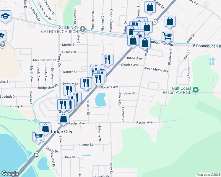 map of restaurants, bars, coffee shops, grocery stores, and more near 1072 Kelsey Lane in Bridge City