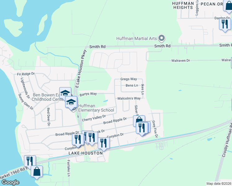 map of restaurants, bars, coffee shops, grocery stores, and more near 24418 Strong Pine Drive in Huffman