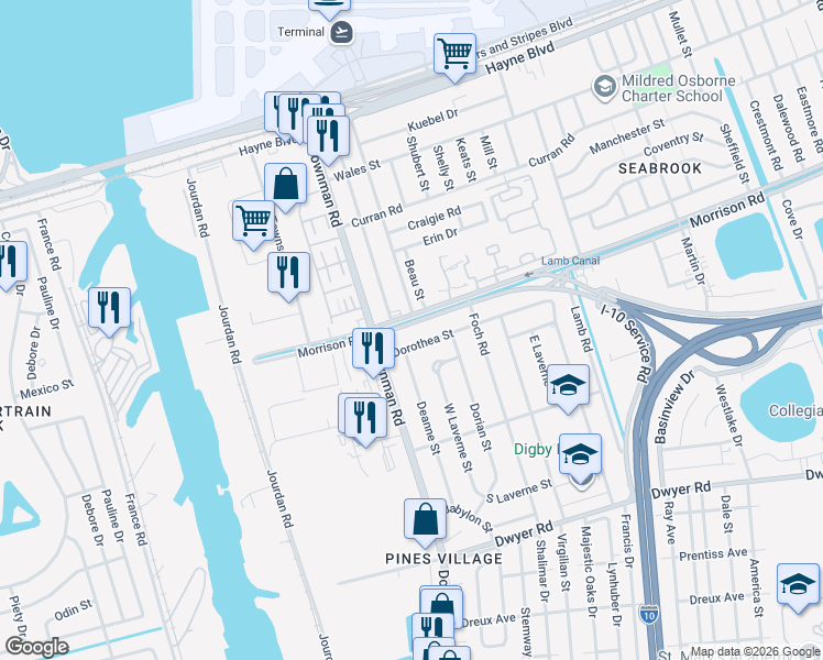 map of restaurants, bars, coffee shops, grocery stores, and more near 6028 Dorothea Street in New Orleans