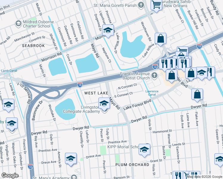 map of restaurants, bars, coffee shops, grocery stores, and more near 6800 West Coronet Court in New Orleans