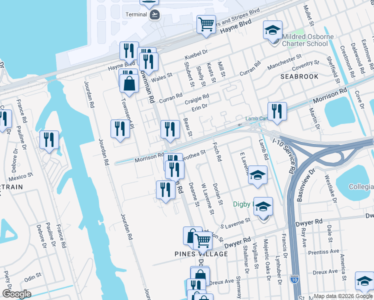 map of restaurants, bars, coffee shops, grocery stores, and more near 6028 Dorothea Street in New Orleans