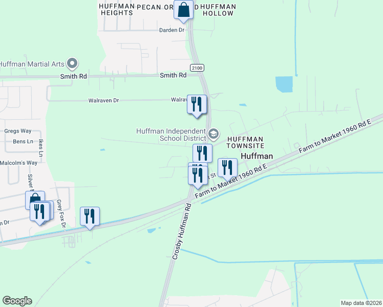 map of restaurants, bars, coffee shops, grocery stores, and more near 24203 Farm to Market 2100 in Huffman