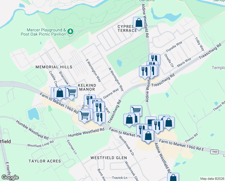 map of restaurants, bars, coffee shops, grocery stores, and more near 21431 Jamals Way in Houston