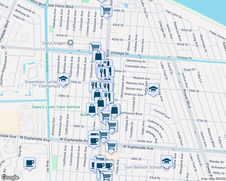 map of restaurants, bars, coffee shops, grocery stores, and more near 2200 38th Street in Kenner