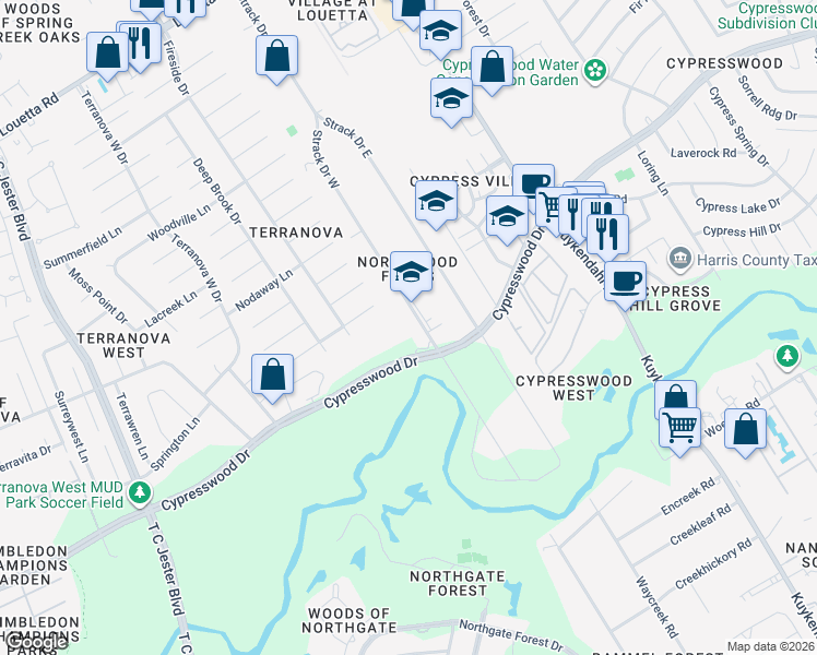 map of restaurants, bars, coffee shops, grocery stores, and more near 17411 Strack Drive West in Spring