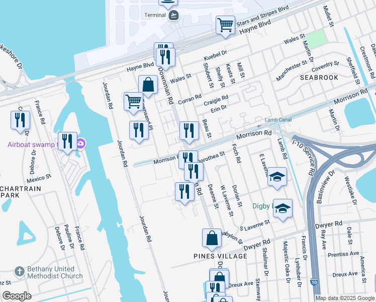 map of restaurants, bars, coffee shops, grocery stores, and more near Morrison Road & Downman Road in New Orleans
