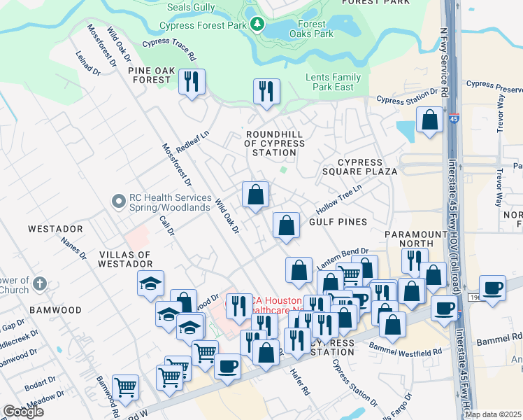 map of restaurants, bars, coffee shops, grocery stores, and more near 905 Cypress Station Drive in Houston