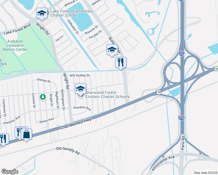 map of restaurants, bars, coffee shops, grocery stores, and more near 4920 Tynecastle Drive in New Orleans
