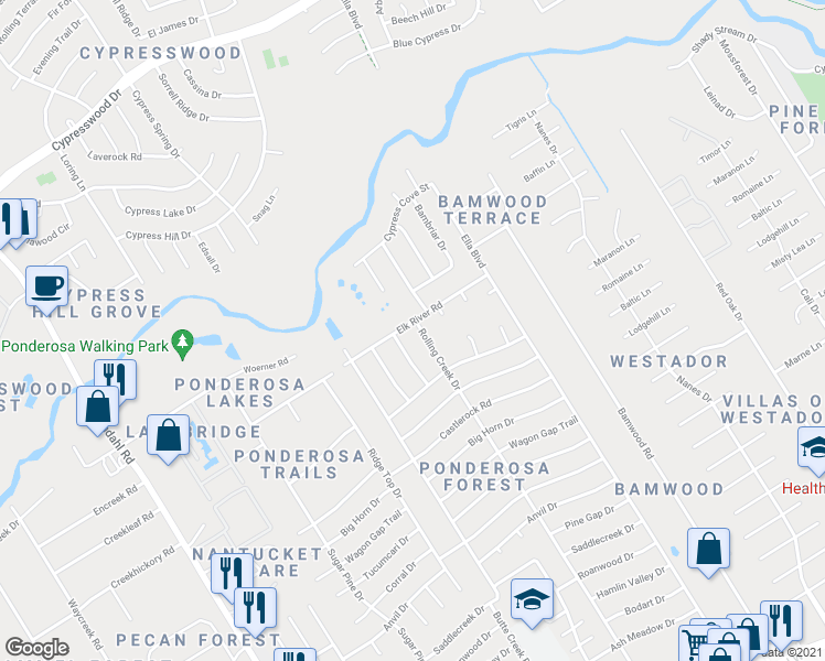 map of restaurants, bars, coffee shops, grocery stores, and more near 1602 Elk River Road in Houston