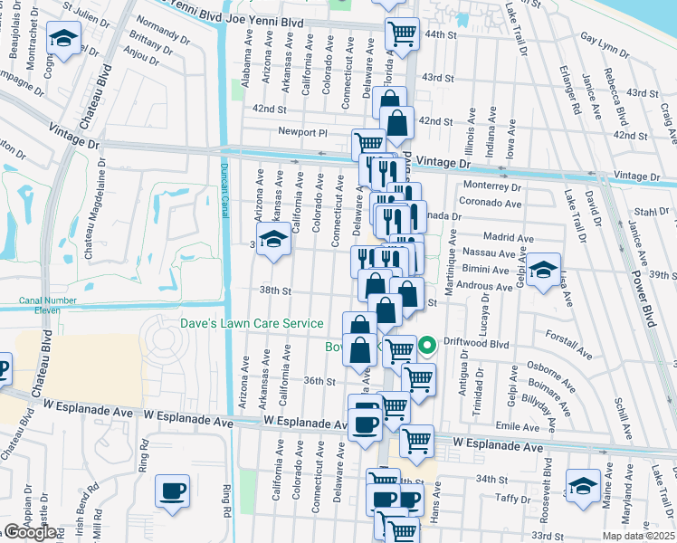 map of restaurants, bars, coffee shops, grocery stores, and more near 3812 Connecticut Avenue in Kenner