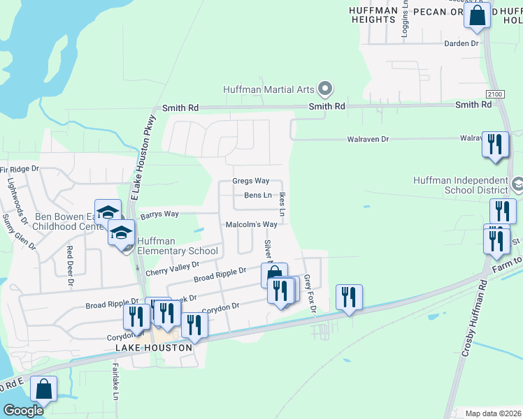 map of restaurants, bars, coffee shops, grocery stores, and more near 938 Bens Lane in Huffman