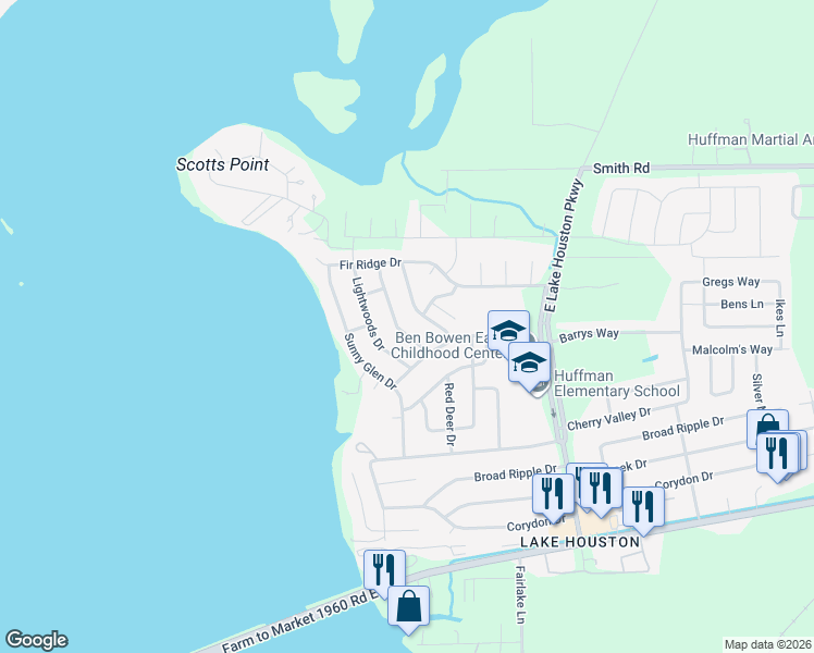 map of restaurants, bars, coffee shops, grocery stores, and more near 24506 Whitesail Drive in Huffman