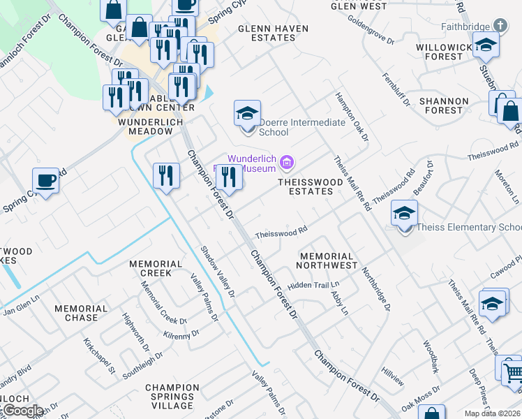 map of restaurants, bars, coffee shops, grocery stores, and more near 18250 Theiss Mail Route Road in Spring
