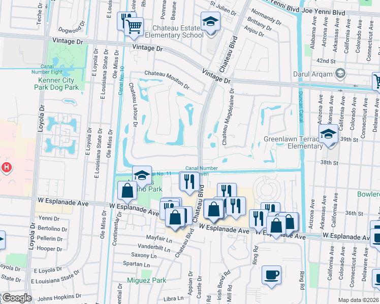 map of restaurants, bars, coffee shops, grocery stores, and more near 14 Chateau Latour Drive in Kenner