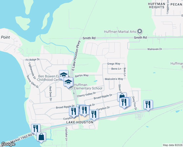 map of restaurants, bars, coffee shops, grocery stores, and more near 759 Barrys Way in Huffman