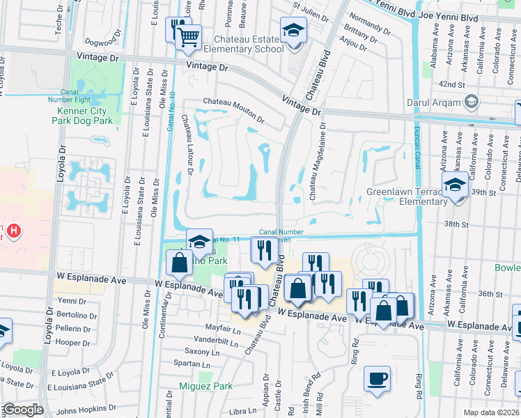map of restaurants, bars, coffee shops, grocery stores, and more near 14 Chateau Latour Drive in Kenner