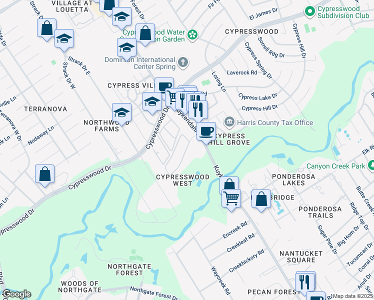 map of restaurants, bars, coffee shops, grocery stores, and more near 2400 Spring Rain Drive in Spring