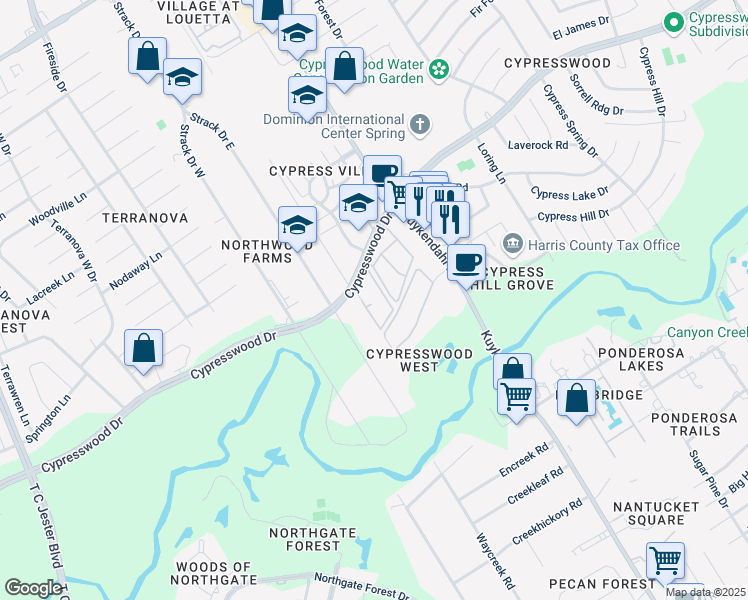map of restaurants, bars, coffee shops, grocery stores, and more near 4603 Cypresswood Drive in Spring