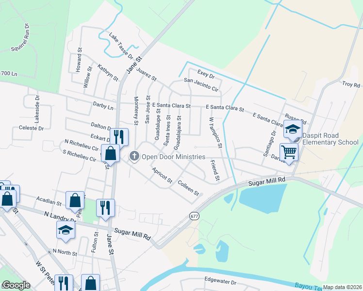 map of restaurants, bars, coffee shops, grocery stores, and more near 502 Caliente Street in New Iberia