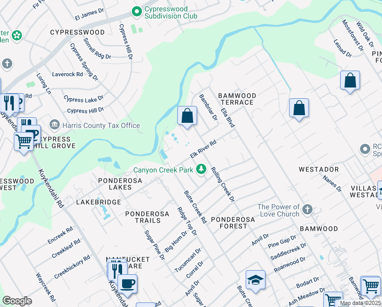 map of restaurants, bars, coffee shops, grocery stores, and more near 1622 Elk River Road in Houston