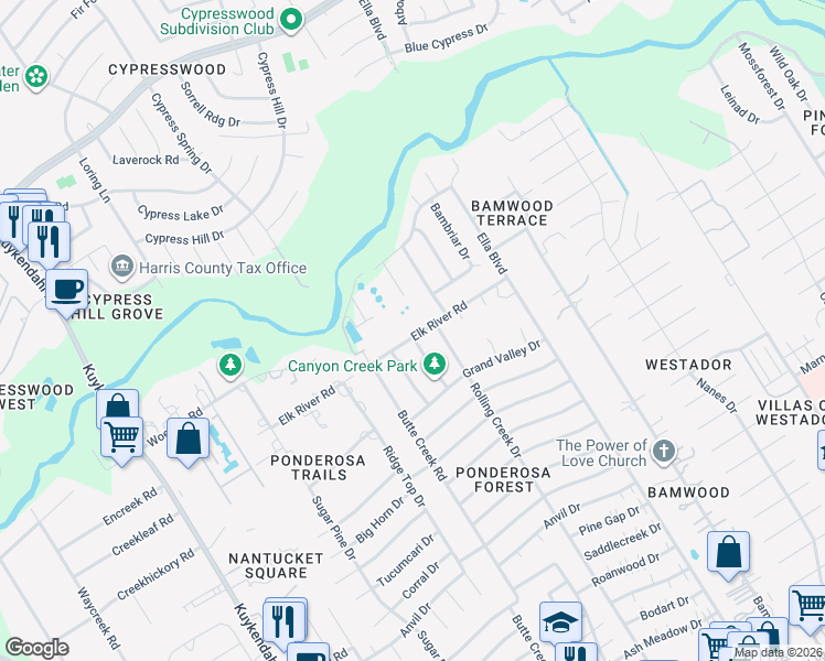map of restaurants, bars, coffee shops, grocery stores, and more near 1622 Elk River Road in Houston