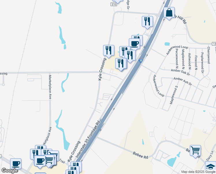 map of restaurants, bars, coffee shops, grocery stores, and more near 19500 Interstate 35 in Kyle