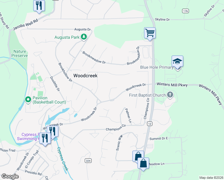 map of restaurants, bars, coffee shops, grocery stores, and more near 15 Stonehouse Circle in Wimberley