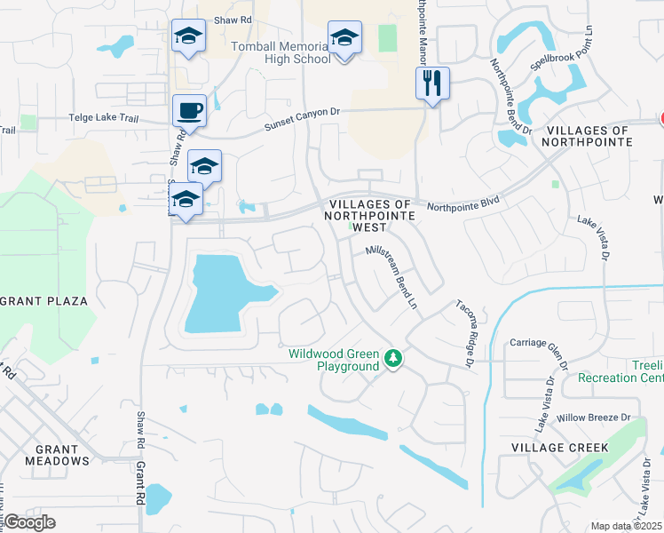 map of restaurants, bars, coffee shops, grocery stores, and more near 18635 Bristol Point Lane in Tomball