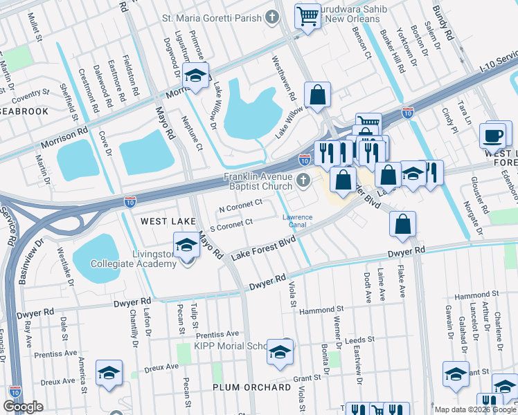 map of restaurants, bars, coffee shops, grocery stores, and more near 6881 Parc Brittany Boulevard in New Orleans