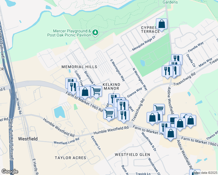 map of restaurants, bars, coffee shops, grocery stores, and more near 2257 Millstone Drive in Houston