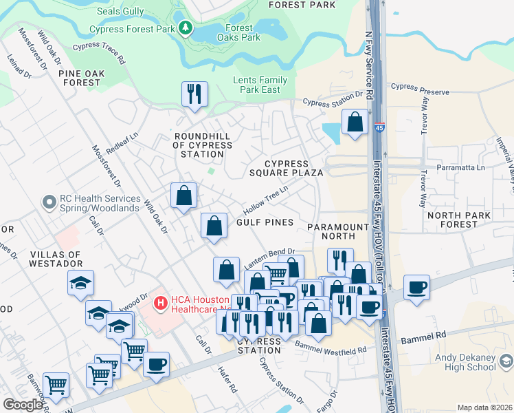 map of restaurants, bars, coffee shops, grocery stores, and more near 300 Hollow Tree Lane in Houston