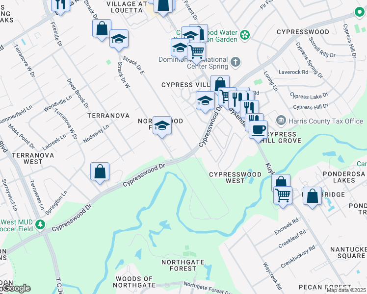 map of restaurants, bars, coffee shops, grocery stores, and more near 17418 Strack Drive East in Spring