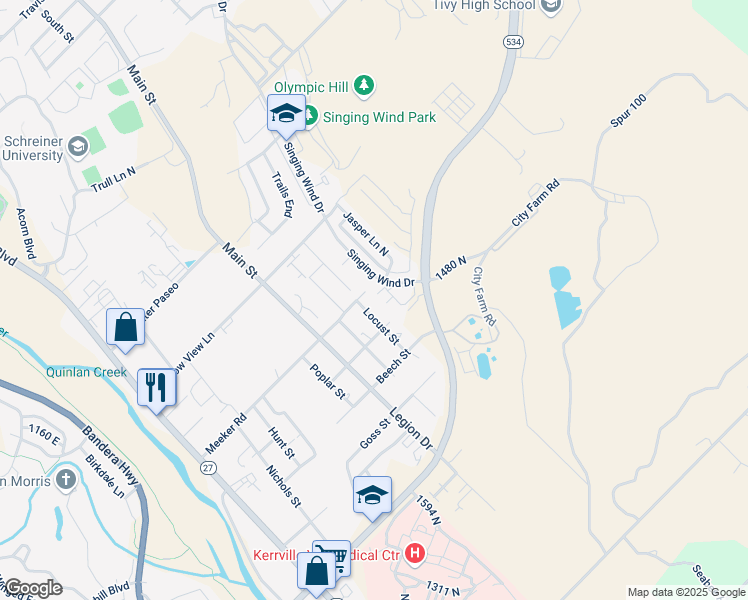 map of restaurants, bars, coffee shops, grocery stores, and more near 131 Amelia Court in Kerrville