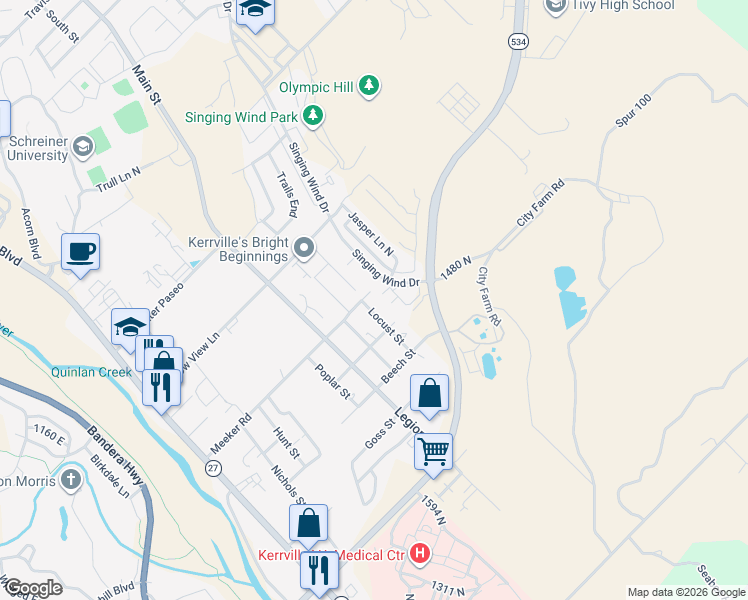 map of restaurants, bars, coffee shops, grocery stores, and more near 131 Amelia Court in Kerrville