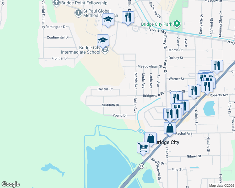 map of restaurants, bars, coffee shops, grocery stores, and more near 675 Cactus Street in Bridge City