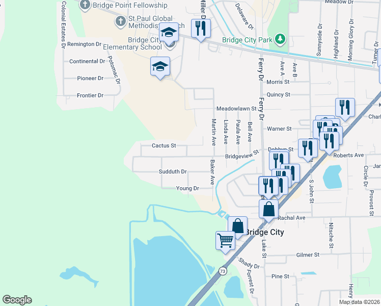 map of restaurants, bars, coffee shops, grocery stores, and more near 675 Cactus Street in Bridge City